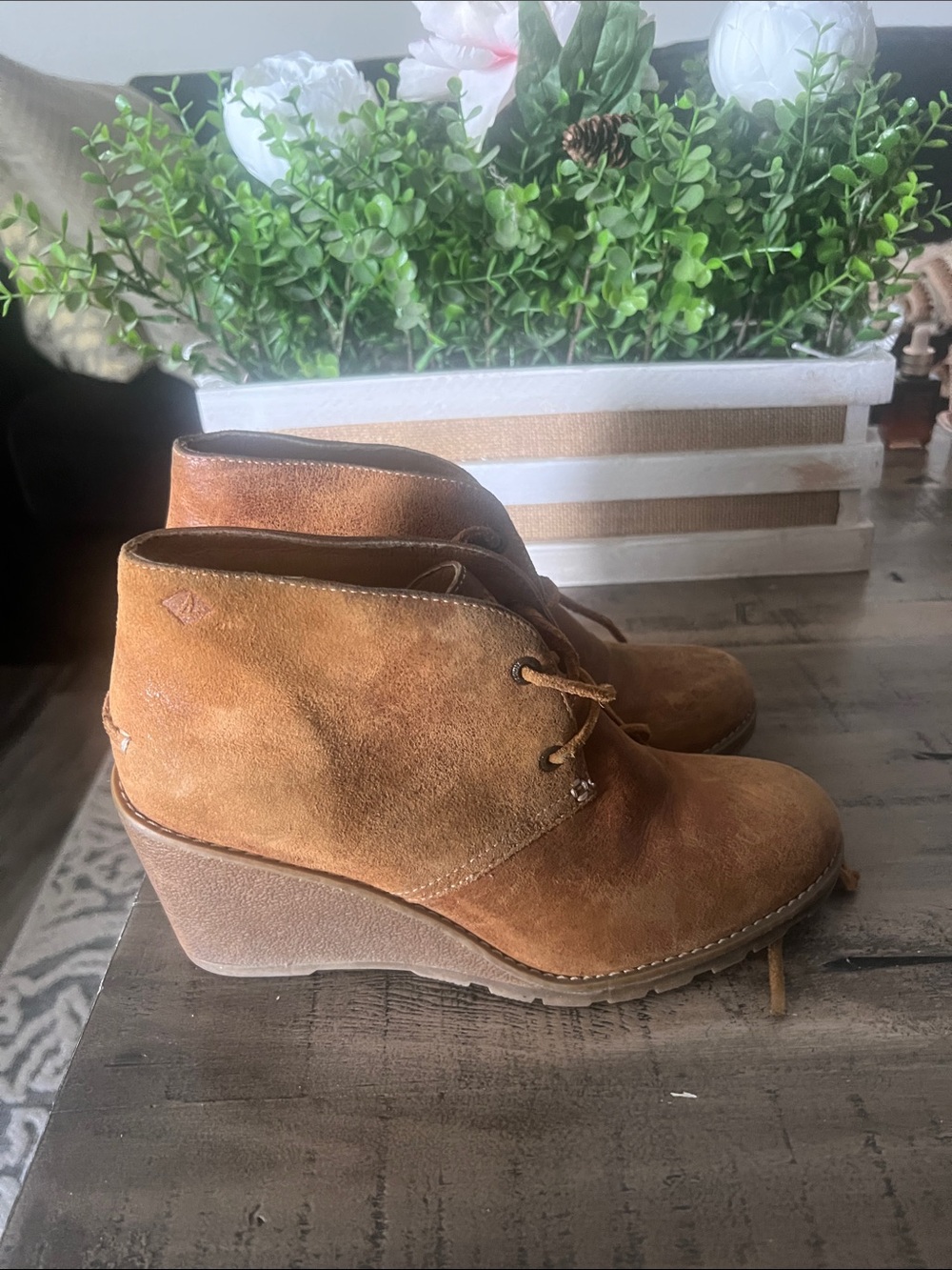 Sperry Tan Suede Lace-Up Wedge Ankle Boots